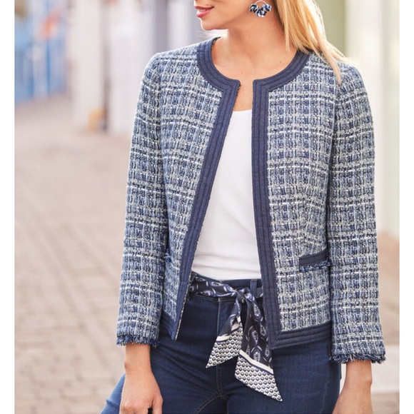 Talbots CHAMBRAY-TRIM TWEED JACKET blue Textured women’s blazer Jacket 6P NWT - Picture 1 of 15